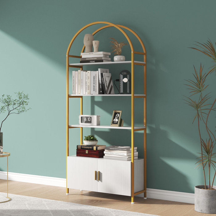 Mercer41 Gretlies Gold Bookshelf Arched Bookcase With Doors Hidden
